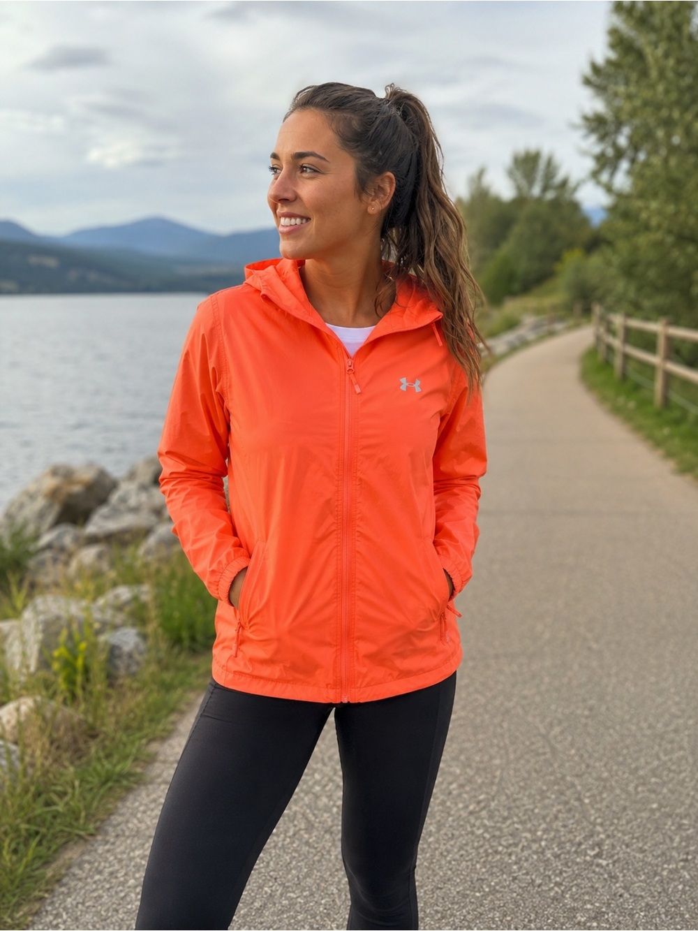 Under Armour UA Storm Forefront Jacket Hooded Coral Windbreaker size Large EUC